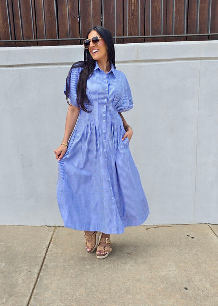 Right On Time Blue Striped Midi Dress