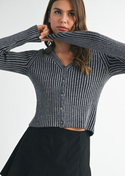 Places To go Black Ribbed Button Up Fitted Cardigan