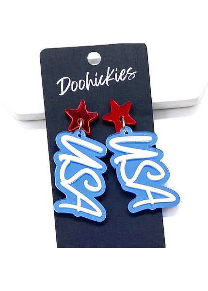 USA Acrylic Dangles- Mirror Red Star & Light Blue USA