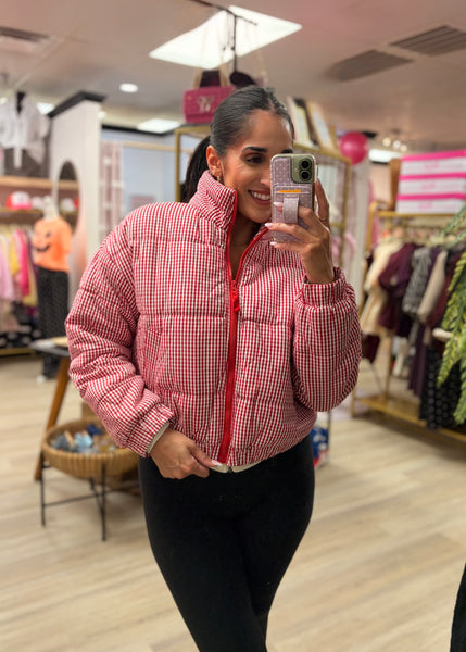 From The Stands Red & White Gingham Puffer Jacket