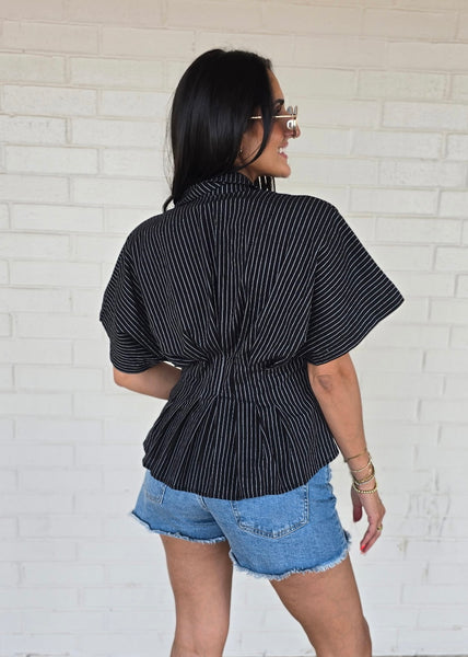 See About Me Black & White Striped Pleated Button Up