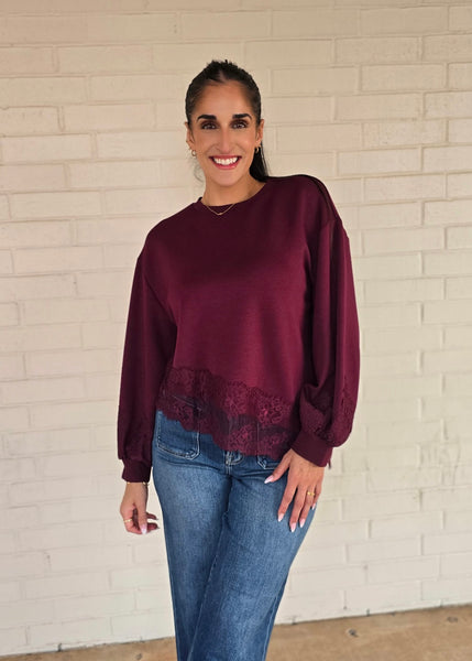 Wine & Dine Lace Trimmed Long Sleeve Top