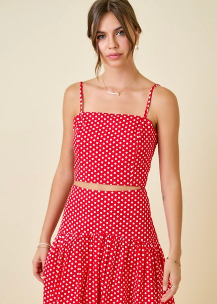 Rendezvous Red & White Polka 2 Pc Top & Midi Skirt Set