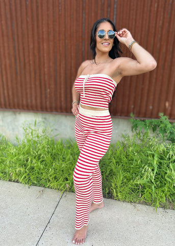 Firecracker Red & Cream Striped Strapless Top With High Waisted Pants