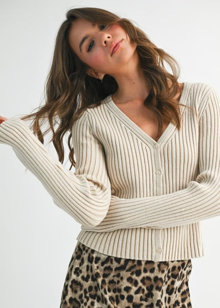 Places To go Oatmeal Ribbed Button Up Fitted Cardigan