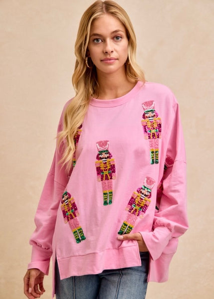 A Pink Christmas Sequin Nutcracker Pullover