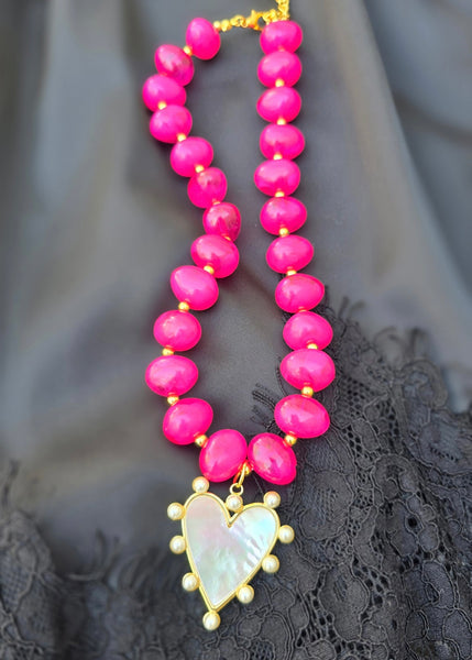 Pink Beaded Heart Charm Necklace