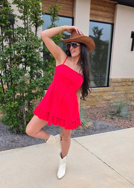 No Secret Red Poplin Pleated Mini Dress