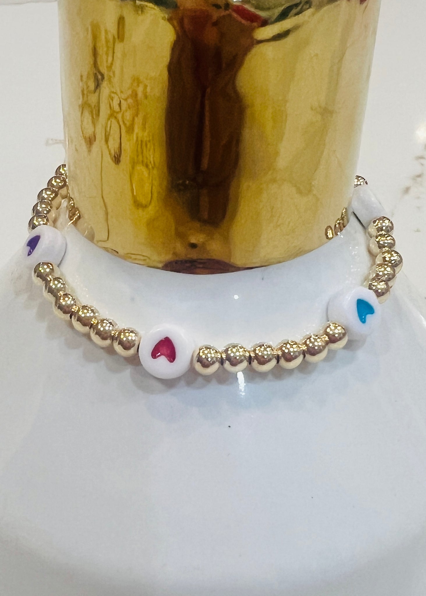 4 MM Multi Rainbow Heart Gold Ball Bracelet