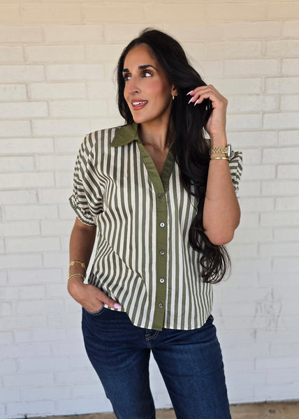 No Bother Olive/White Striped V-Neck Top