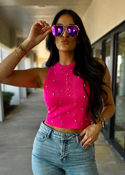 A Little Extra Jeweled Bright Fuchsia Tank Top - M/L