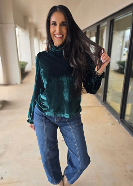 Under The Mistletoe Green Velvet Puff Sleeve Top