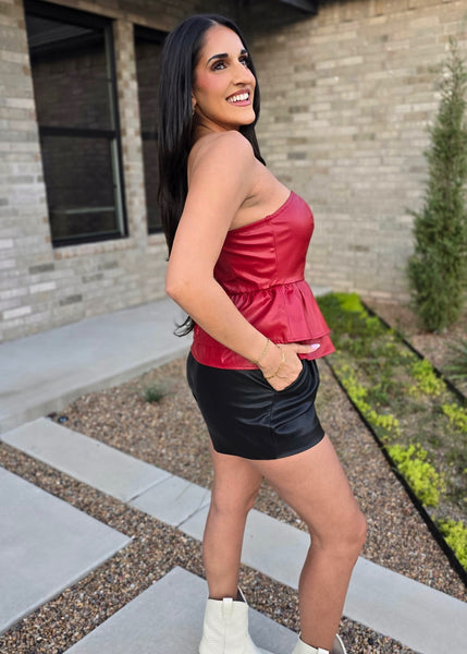 Dinner Date Red Faux Leather Strapless Peplum Top