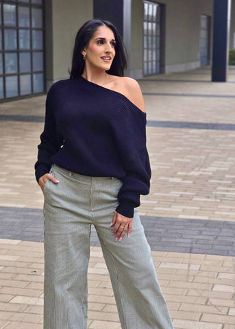 Fireside Casual Off The Shoulder Black Waffle Knit Top