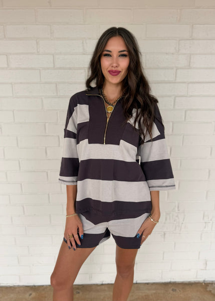 Rainy Days Charcoal Striped 2 Pc Short Set