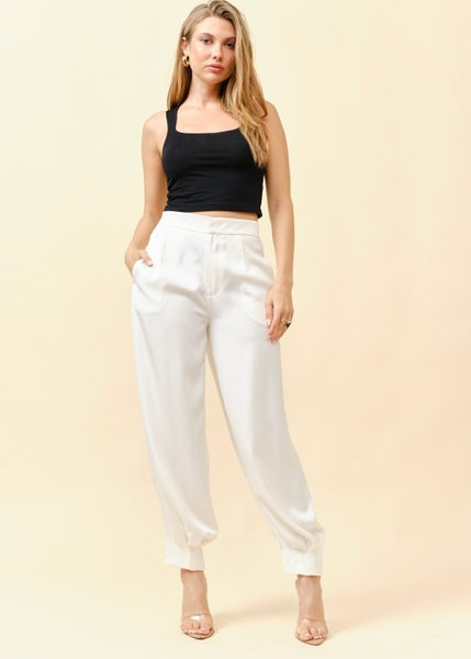 Fancy Pants Ivory Satin Tapered Trouser Pants
