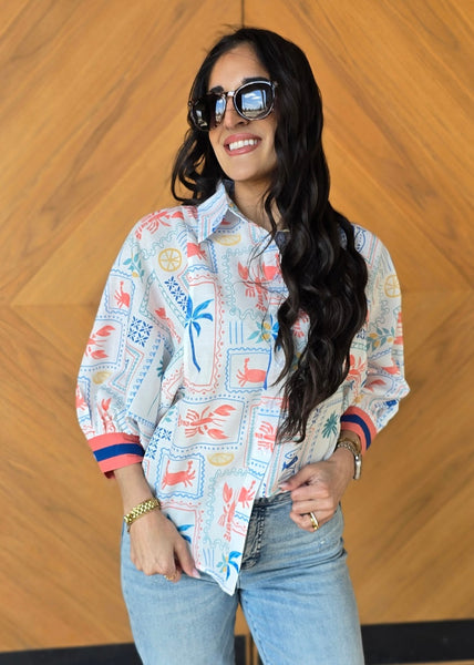 At The Beach Print Button Up Top