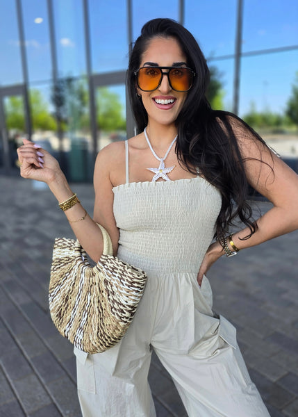 Neutral Round Handle Straw Bag
