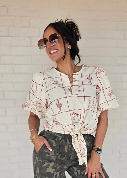 Western Love Embroidered Tie Top
