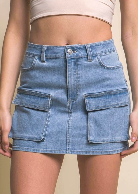 Stand Alone Light Wash Cargo Denim Mini Skirt - LARGE