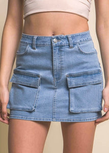 Stand Alone Light Wash Cargo Denim Mini Skirt