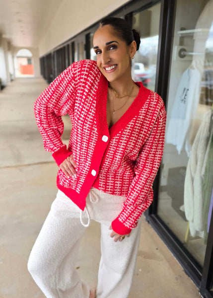 Make A Plan Red & White Fuzzy Cardigan
