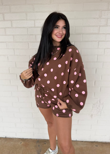 Treat Yourself Brown & Pink Polka Dot Sweatshirt & Short Set