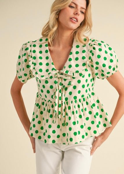 The Only One Green Polka Dot Front Tie Top