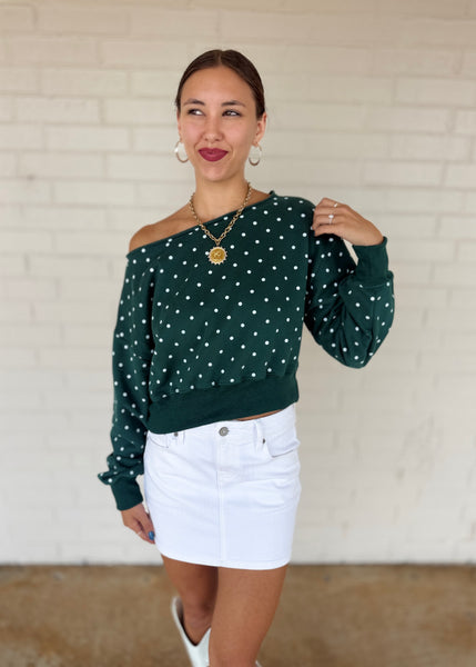 From The Past Green & White Polka Dot Off The Shoulder Sweatshirt Top