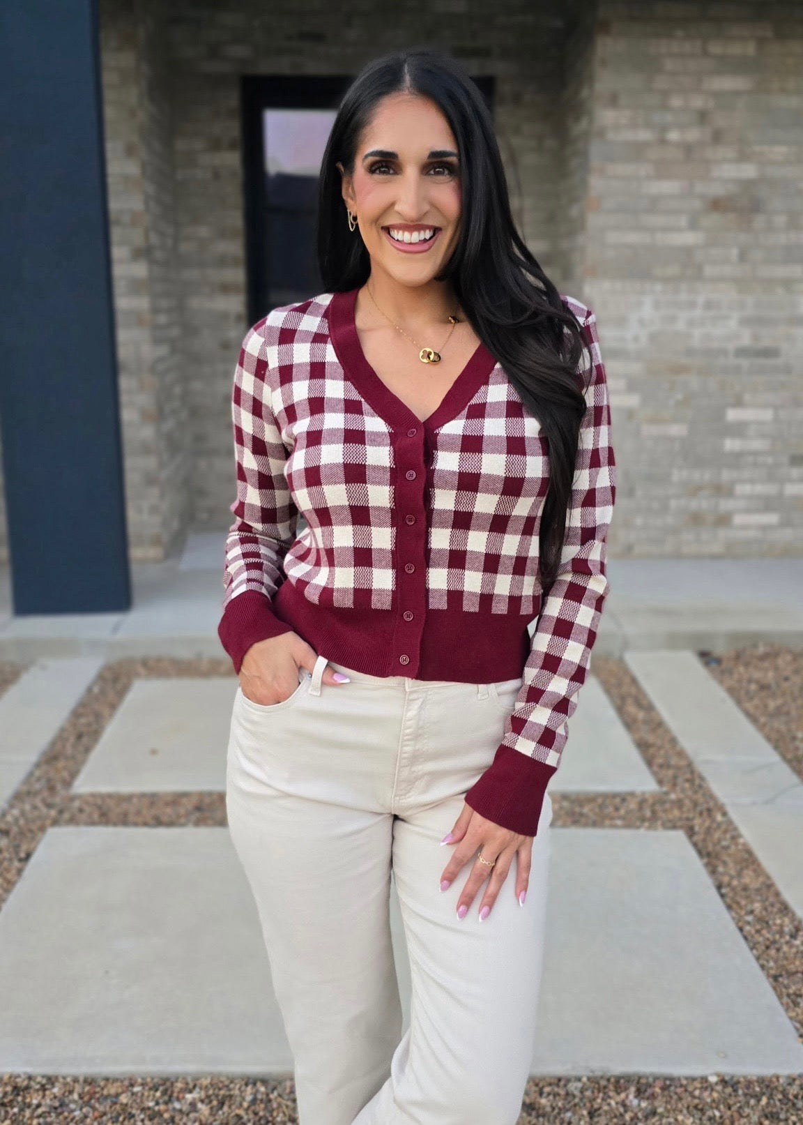 Got It All Burgundy Gingham Cardigan