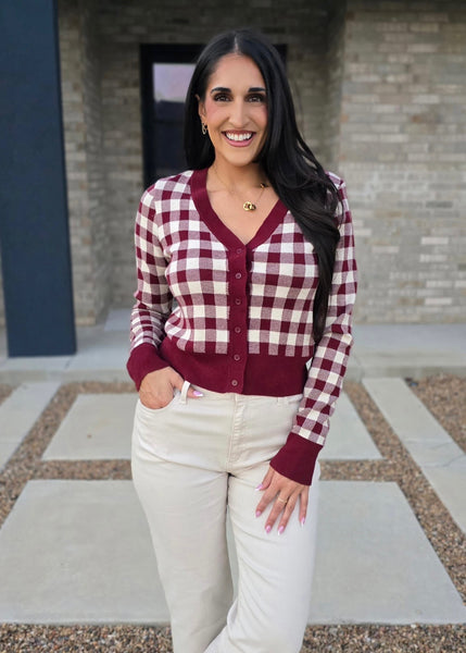 Got It All Burgundy Gingham Cardigan