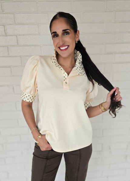 New Goals Cream Polka Dot Collared Top