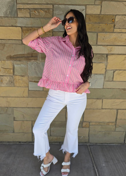 Reaching Out Pink Striped Button Up Top