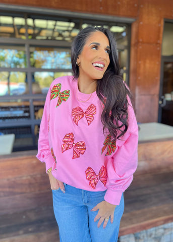 Christmas Multi Colored Sequin Bow Oversized Pink Sweatshirt