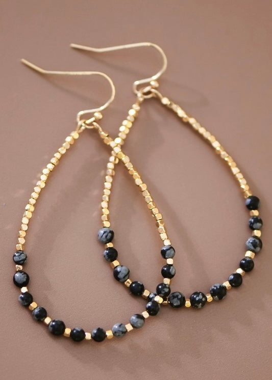 Onyx Stone Beaded Teardrop Wire Earrings