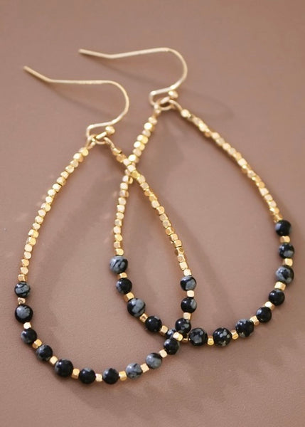 Onyx Stone Beaded Teardrop Wire Earrings