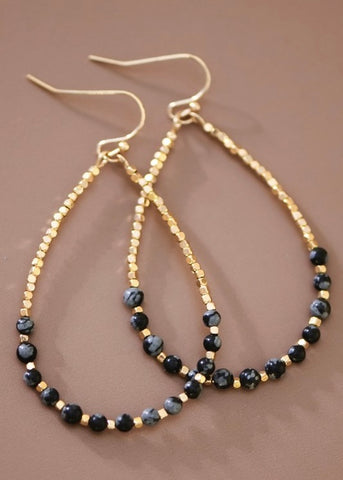 Onyx Stone Beaded Teardrop Wire Earrings