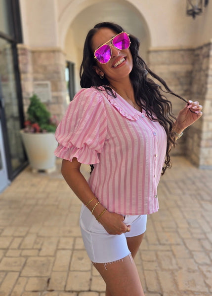 Going Out Pink Striped Puff Sleeve Top