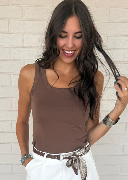 Thinkin Bout You Brown Studded Tank Top
