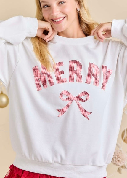 "Merry" Bow White Patched Sweatshirt