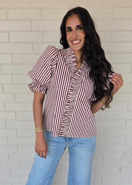 Get In Line Burgundy & White Striped Top