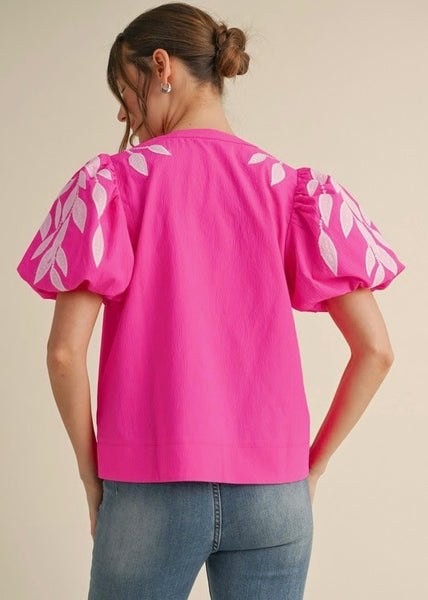 It Girl Hot Pink and White Embroidered Puff Sleeve Top