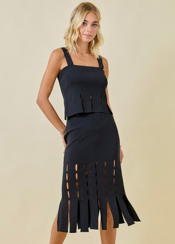 Just One Look Black Fringe Midi Skirt