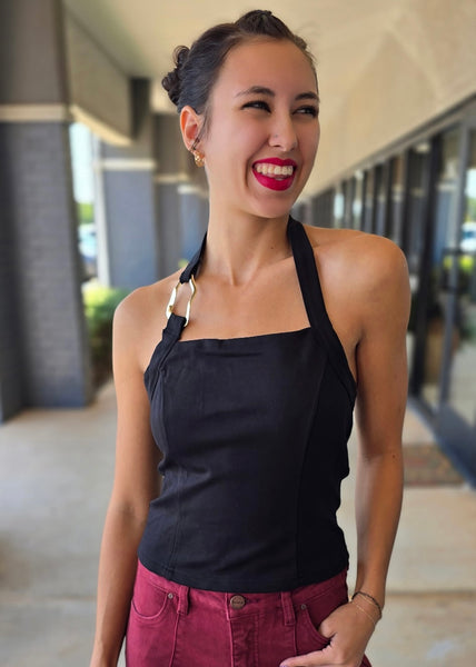 To Be Happy Black Halter Top With Gold Accent