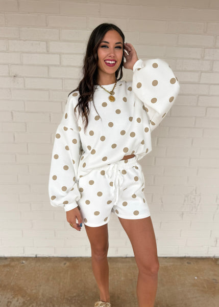Treat Yourself White & Taupe Polka Dot Sweatshirt & Short Set