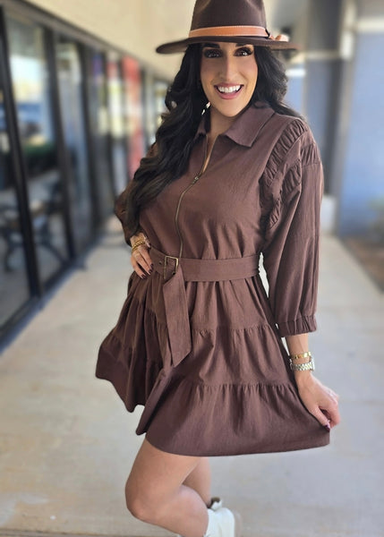 Fall Festival Brown Belted Mini Dress