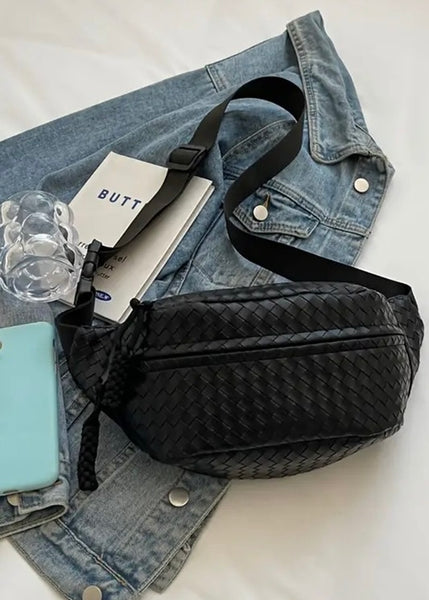 Black Woven Atlas Vegan Leather Crossbody Bum Bag