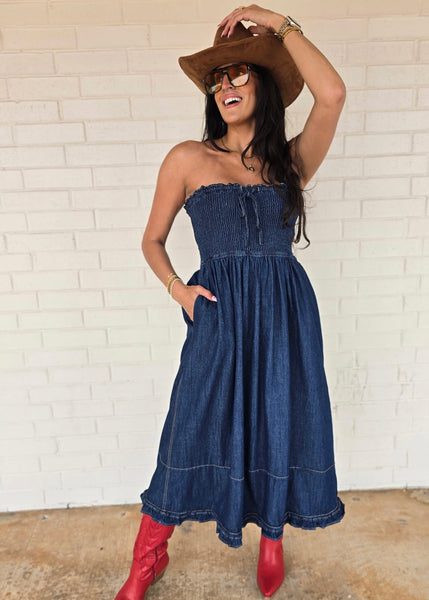 Love Language Denim Strapless Midi Dress