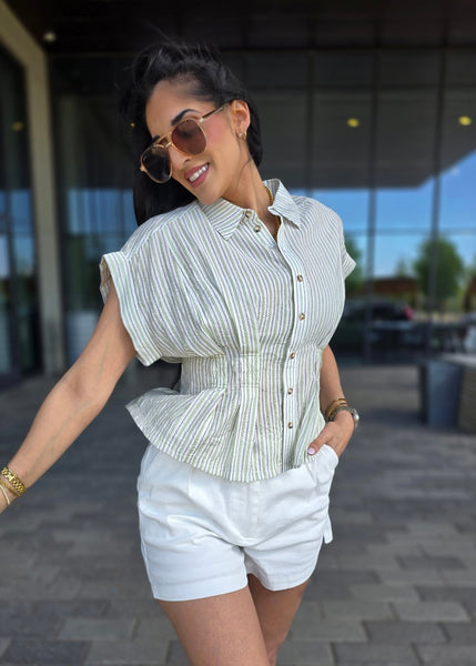 All In One Striped Button Up Top