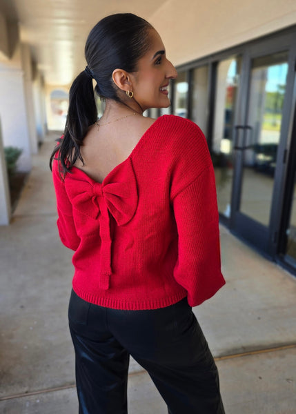 Holiday Party Red Back Bow Sweater